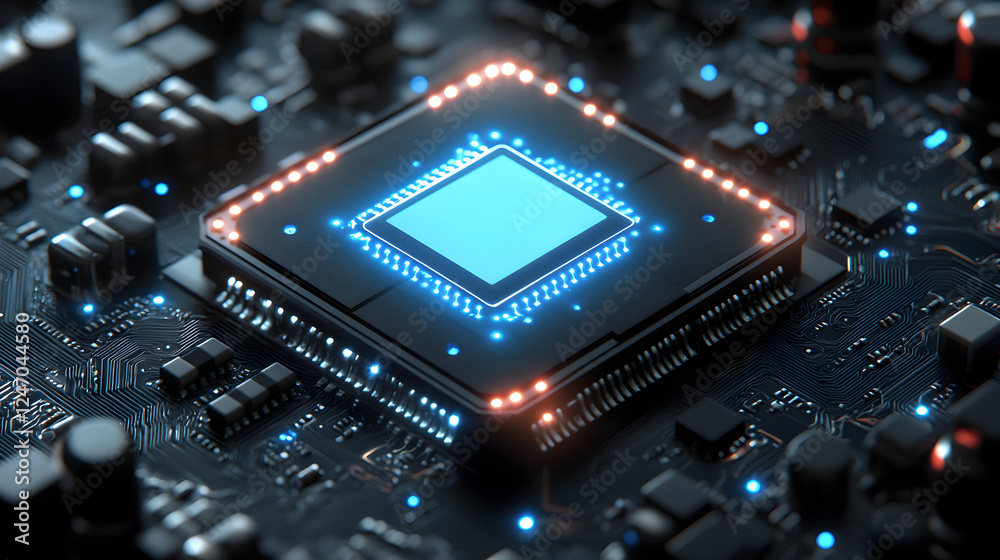 Fototapeta premium High-Tech Processor and Microchip Technology: Advancements in Circuit Design, Architecture, and Integration for Artificial Intelligence, Data Computing, and Efficient Hardware Performance in Modern