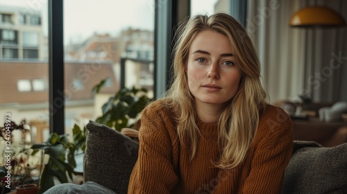 Young woman with blonde hair sitting on a couch indoors, looking at the camera. Free Download Young woman with blonde hair sitting on a couch indoors, looking at the camera. - GFXLoad