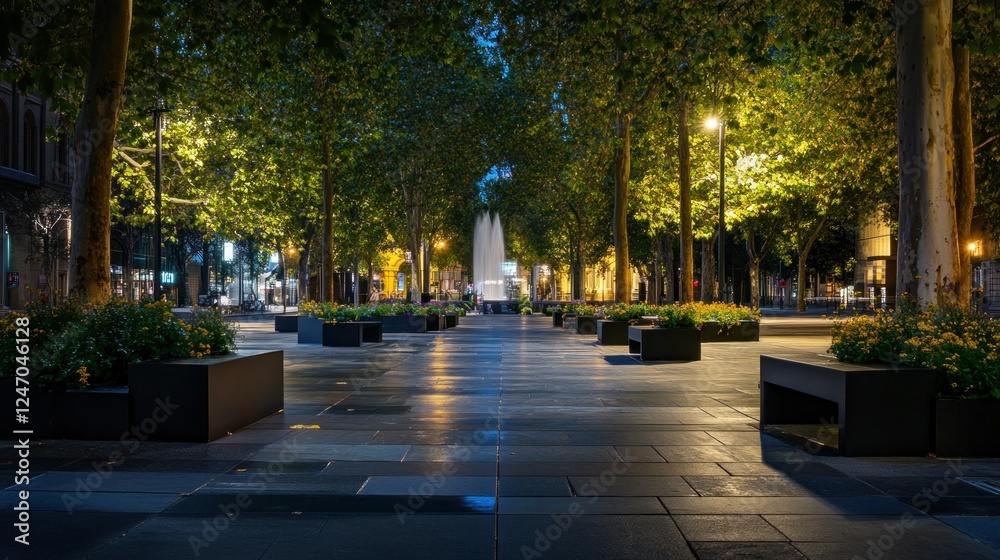 Fototapeta premium Night view of a city park with illuminated trees, pathways, and a central fountain.