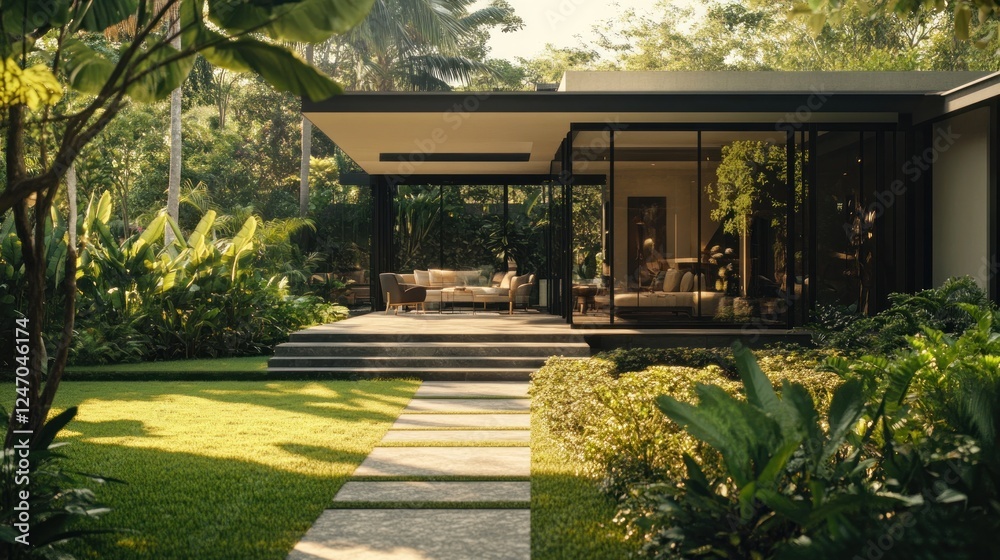 Modern house with large glass windows overlooking a lush garden. Modern house with large glass windows overlooking a lush garden.