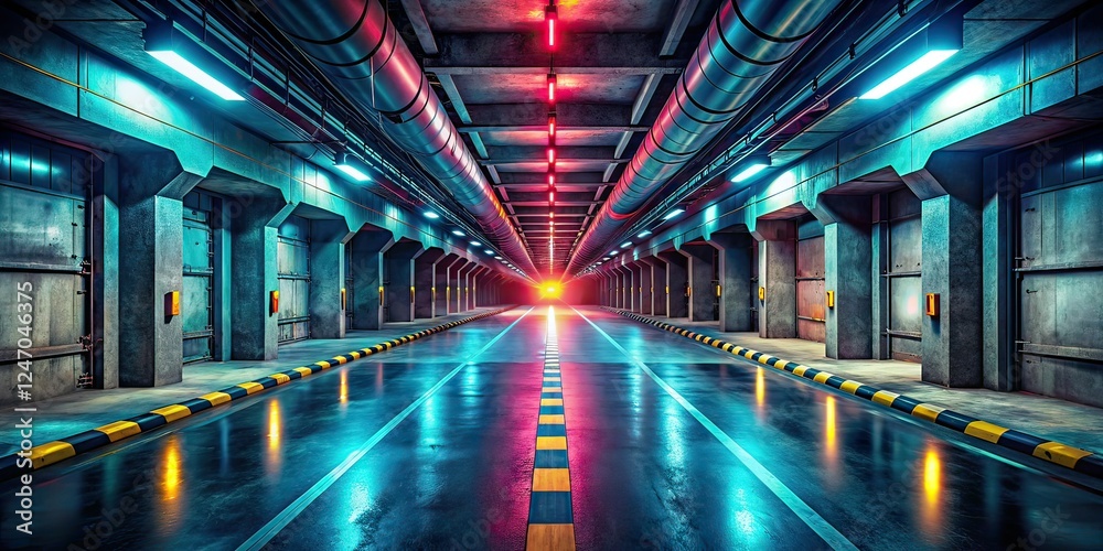 Fototapeta premium Futuristic Underground Concrete Hangar Tunnel Garage - Aerial View