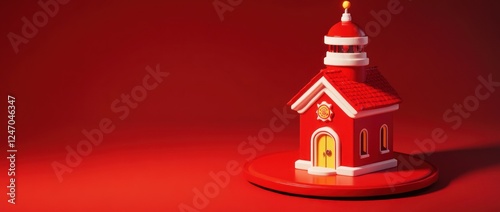 Red miniature house model on red background.