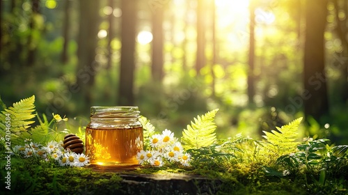 A mystical jar containing a glowing potion, situated amidst vibrant greenery and flowers, glowing in sunlight, inspiring awe and the charm of natural beauty photo