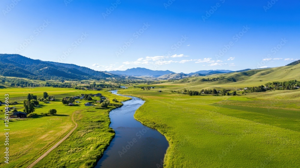 Scenic summer landscape with river and lush green fields in countryside Scenic summer landscape with river and lush green fields in countryside