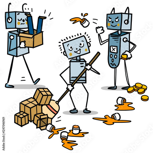 Rebelión de las máquinas, robots fuera de control y saboteando a los humanos en el trabajo automatizado.