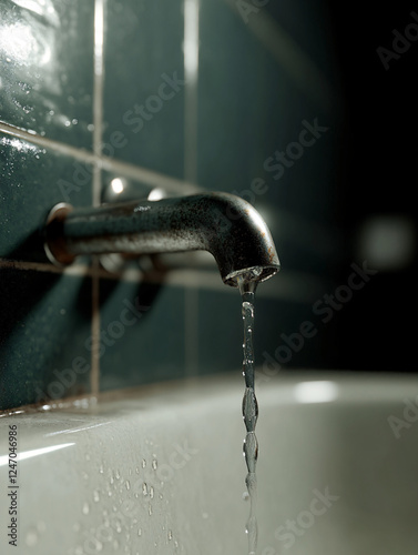  Close-Up of a Dripping Old Water Faucet, Rusted and Aged, Highlighting Water Wastage and Decay in an Atmospheric Setting photo