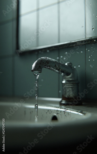  Close-Up of a Dripping Old Water Faucet, Rusted and Aged, Highlighting Water Wastage and Decay in an Atmospheric Setting photo