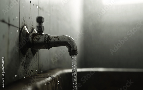  Close-Up of a Dripping Old Water Faucet, Rusted and Aged, Highlighting Water Wastage and Decay in an Atmospheric Setting photo