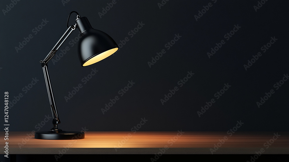 Desk in a minimalistic office setting with a black lamp illuminating the workspace during evening hours Desk in a minimalistic office setting with a black lamp illuminating the workspace during evening hours