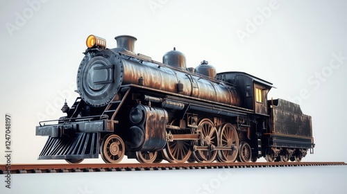 Vintage steam locomotive on tracks, weathered, isolated on white background.