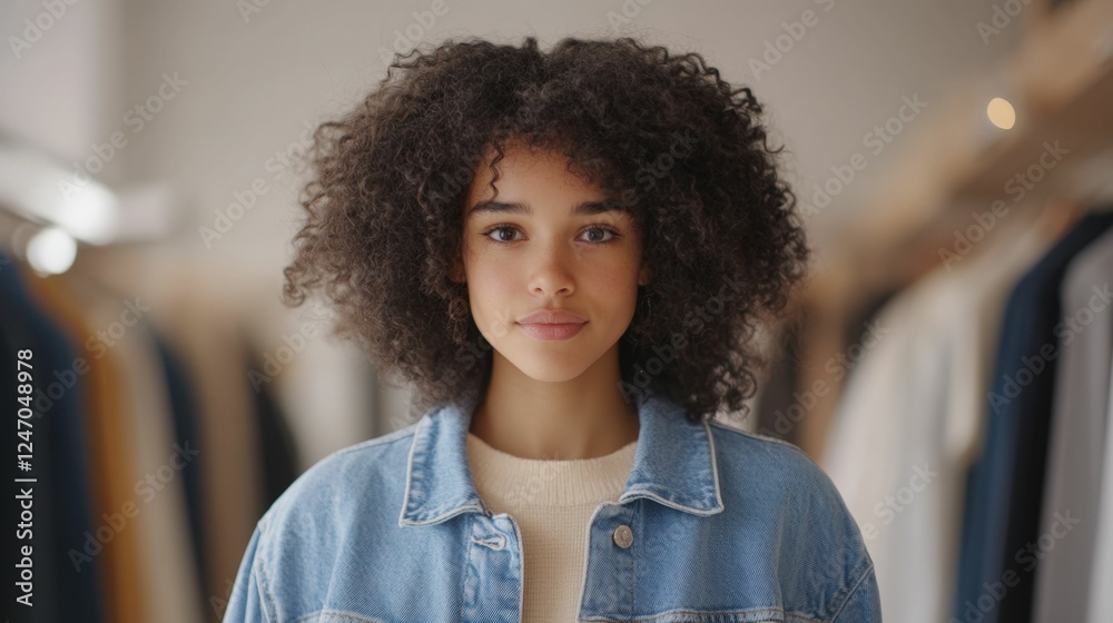 Fototapeta premium Portrait of a young woman with curly hair in denim jacket