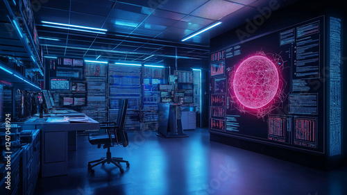 futuristic control room with glowing screens and data displays