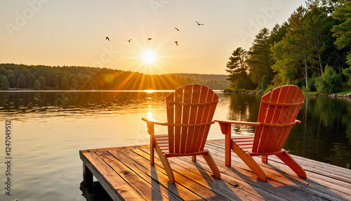 Serene Adirondack chairs at sunset by calm lake, tranquil escape