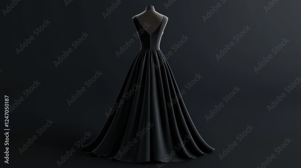 Elegant black gown on a mannequin, rear view, against a dark background. Elegant black gown on a mannequin, rear view, against a dark background.