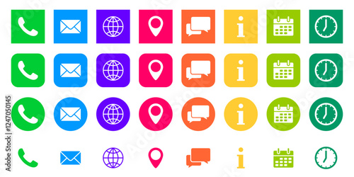 Set of contact icons. Phone, mail, location pin and website. Live chat or support, info, calendar and clock. Schedule and working hours. Set of multicolored round and square icons
