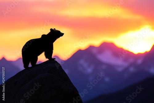 Bear Silhouette Against Colorful Sunset - A striking silhouette of a bear on a rock during a vibrant sunset with mountains in the background.