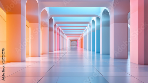 vibrant corridor with colorful arches and reflections