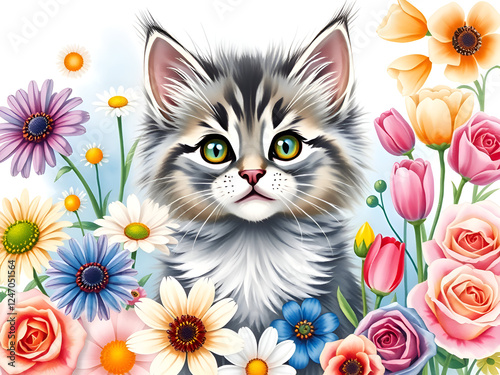 Cute little cat with blooming flowers watercolor illustration