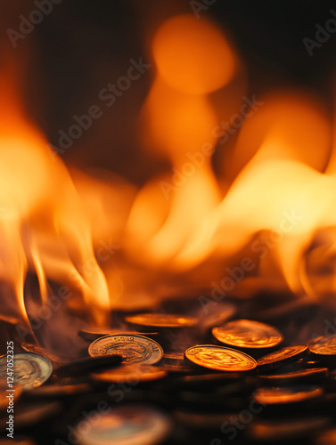 Burning Money in Flames, Financial Loss, Economic Collapse, and Reckless Spending Concept with Banknotes and Coins on Fire photo