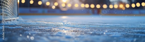 Close-up of ice hockey net and rink at sunset.