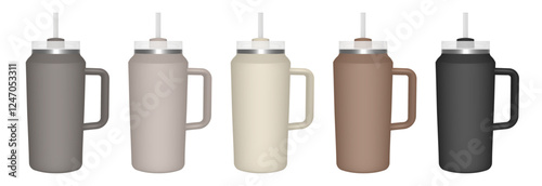 Thermo cup with handle and straw. 64 oz. 3d mockup of a travel thermos. Set of gray, beige, brown  and black mugs. Tumbler template. White lid	
