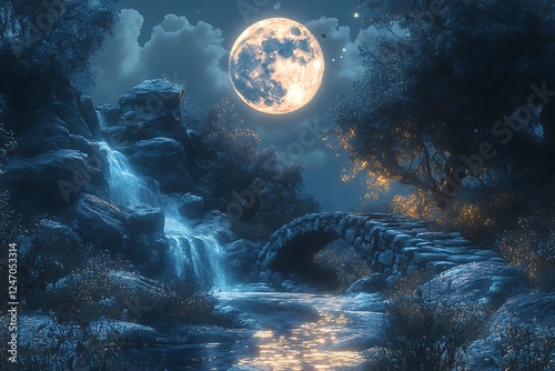Mystical Moonlight Forest Bridge with Birds