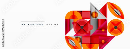 Geometric abstract composition with intersecting shapes, circles, triangles, and gradients, blending vibrant colors and dynamic contrasts to create a modern, futuristic visual design