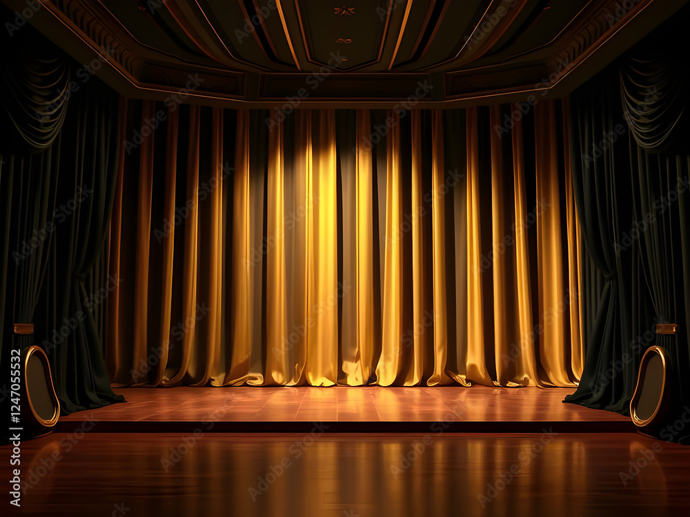 Fototapeta premium Empty 3d room background illustration - Theater stage with black gold velvet curtains