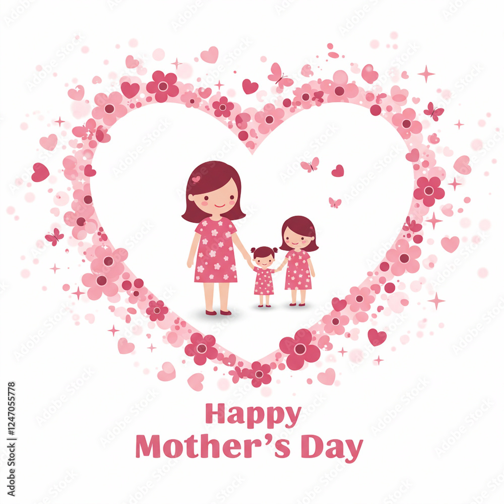 Pink Heart Mother's Day Social Media Post with Mother & kids on White Background Pink Heart Mother's Day Social Media Post with Mother & kids on White Background