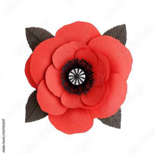 A vibrant red flower with layered petals and a dark central core, accompanied by green leaves, Transparent Background. photo