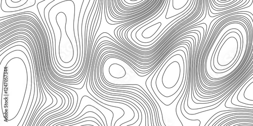 Contours line terrain map geographic mountain relief texture grid topography map background, abstract black and white curved reliefs monochrome image cartography wavy abstract lines background.