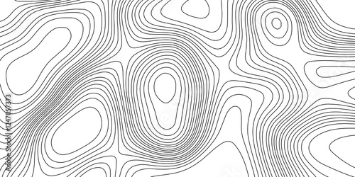 Contours line terrain map geographic mountain relief texture grid topography map background, abstract black and white curved reliefs monochrome image cartography wavy abstract lines background.