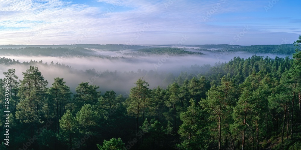 Naklejka premium The foggy forest is a beautiful and serene place. The trees are tall and green, and the mist adds a sense of mystery and calmness to the scene. The foggy atmosphere creates a peaceful
