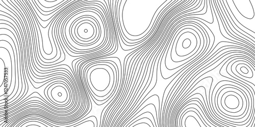 Contours line terrain map geographic mountain relief texture grid topography map background, abstract black and white curved reliefs monochrome image cartography wavy abstract lines background.