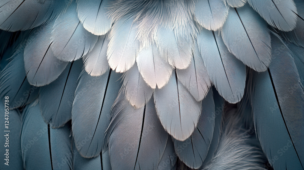 Naklejka premium Close-Up of Soft Blue Bird Feathers with Detailed Texture and Gentle Light Reflection