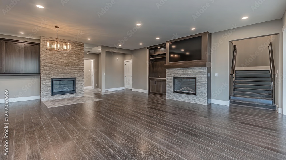 Spacious modern basement with hardwood floors, two fireplaces, and a staircase. Spacious modern basement with hardwood floors, two fireplaces, and a staircase.