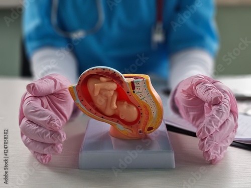 Obraz na płótnie A doctor carefully holds a model of a newborn baby while demonstrating baby care
