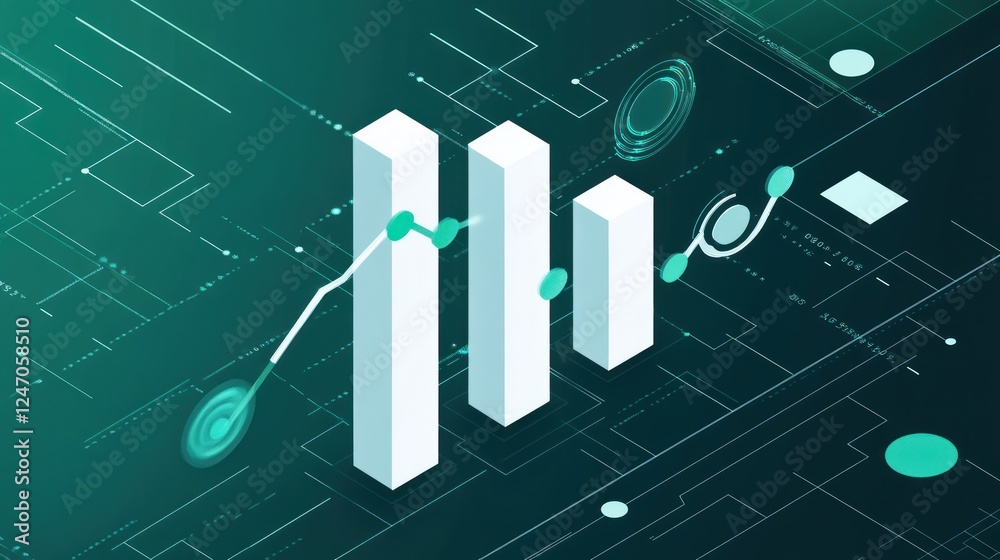 Fototapeta premium Abstract 3D bar graph showing growth trend on a futuristic circuit board background.