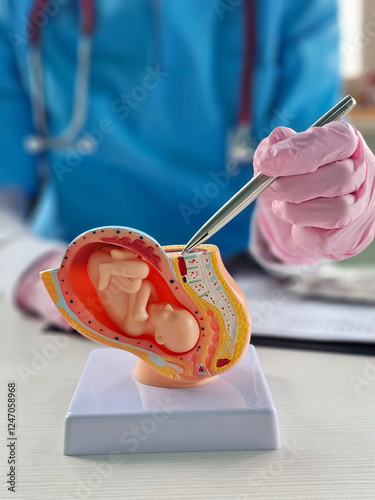 Doctor obstetrician gynecologist showing fetus in uterus of anatomical model of human organ