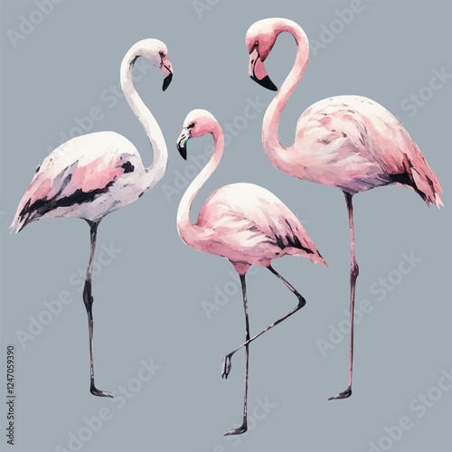 set with pink flamingos in watercolor style