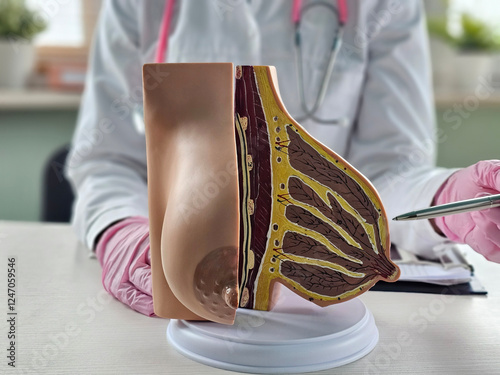 Принти на полотні Female doctor explains disease and uses anatomical model of breast concept