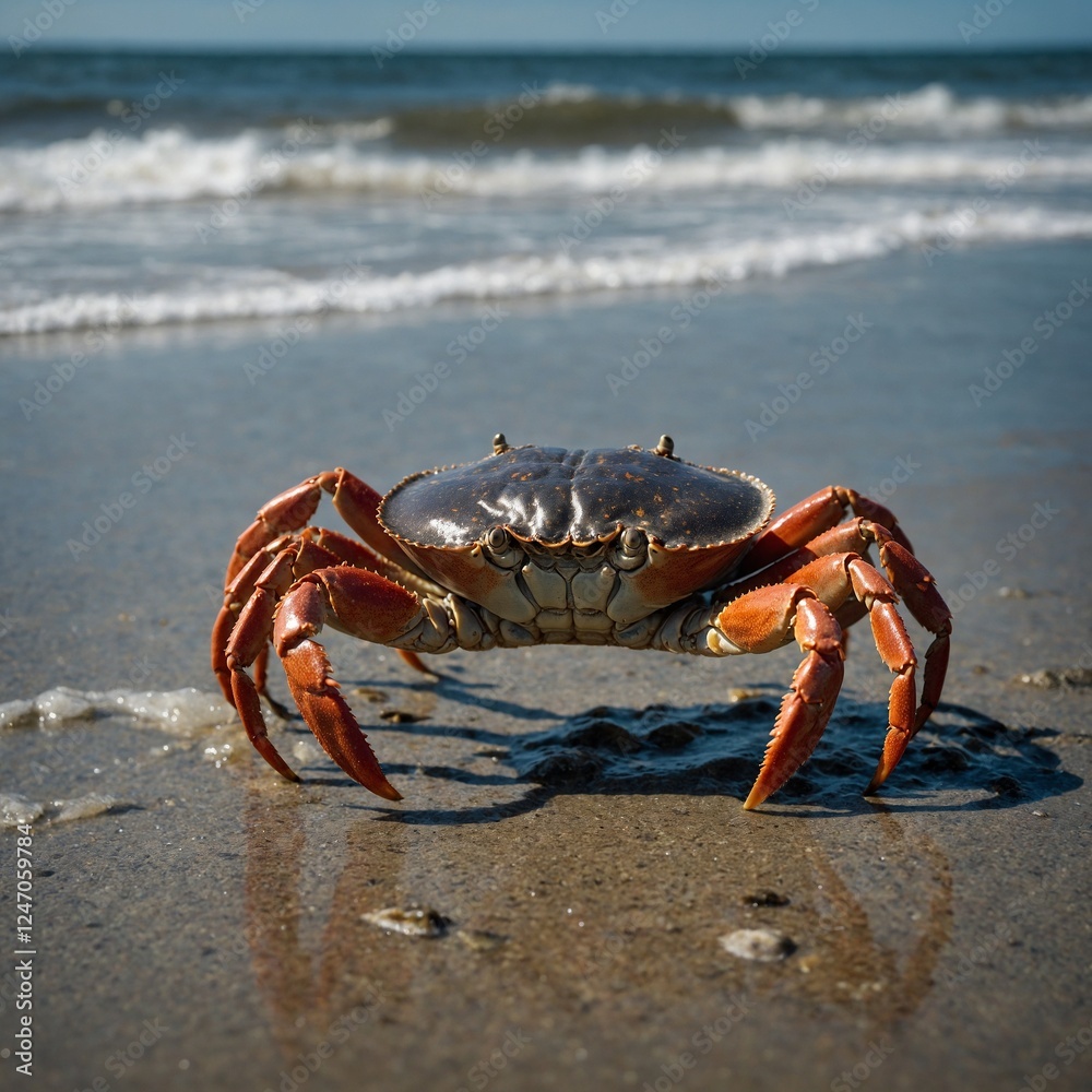 Beachside Crab Exploring the Shoreline with Careful and Quick Movements Vibrant crab moving through the shore, showcasing the lively and captivating nature of oceanic ecosystems Beachside Crab Exploring the Shoreline with Careful and Quick Movements Vibrant crab moving through the shore, showcasing the lively and captivating nature of oceanic ecosystems