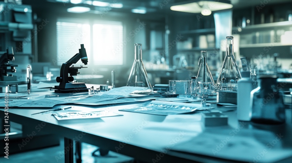 Naklejka premium Lab table with microscope, glassware, and research papers.