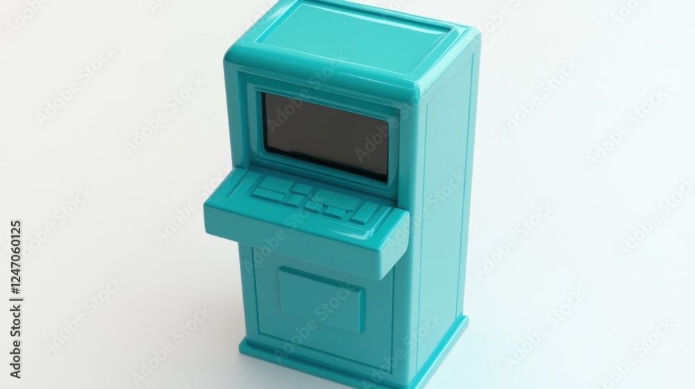 Teal retro computer kiosk with blank screen, buttons, and control panel on white background. Teal retro computer kiosk with blank screen, buttons, and control panel on white background.