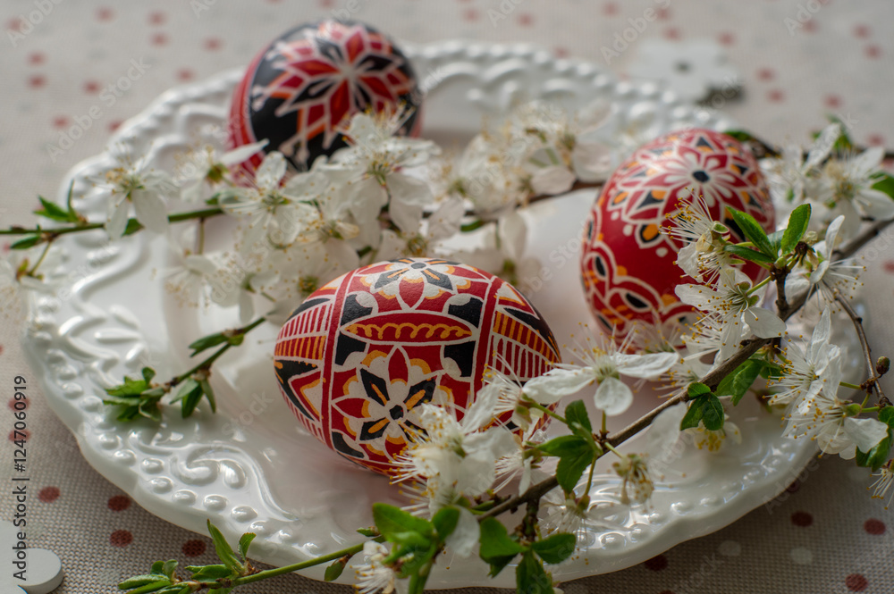 Homemade handmade painted Easter eggs on white plate on spotted tablecloth decorated with blackthorn sloe white flowering branch