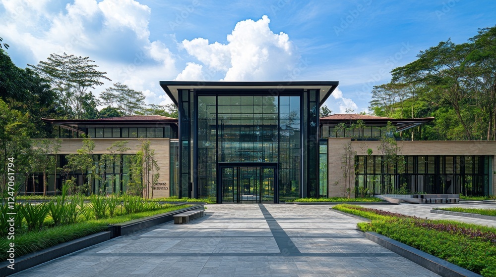 Modern glass and stone building with landscaping, sunny day.