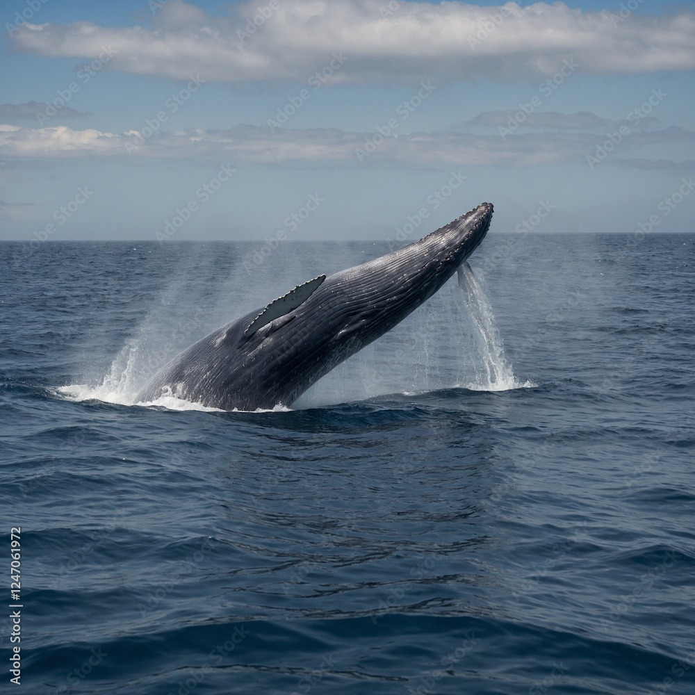 Fototapeta premium Breaching calf whale A humpback whale tail splashing in a serene blue sea. Fin of a Southern Right Whale swimming near Hermanus, Western Cape. South Africa.