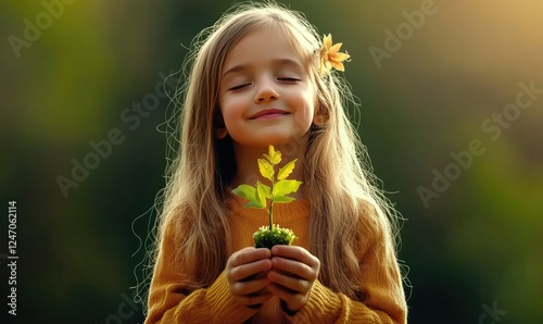 A joyful girl holds a small plant, symbolizing hope and connection with nature, radiating positivity and innocence.