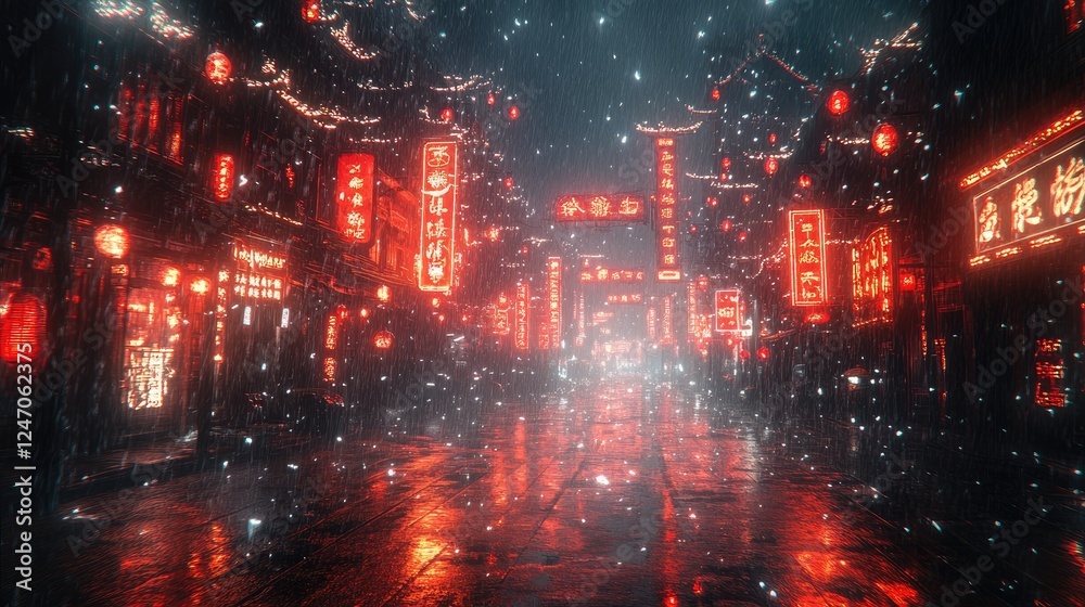 Fototapeta premium A vibrant, illuminated street scene in a snowy environment, showcasing cultural elements.