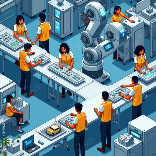 Isometric manufacturing. Workers working on assembly line, conveyor, with robotics arms and modern factory machines. Robots and people, flawless vector scene